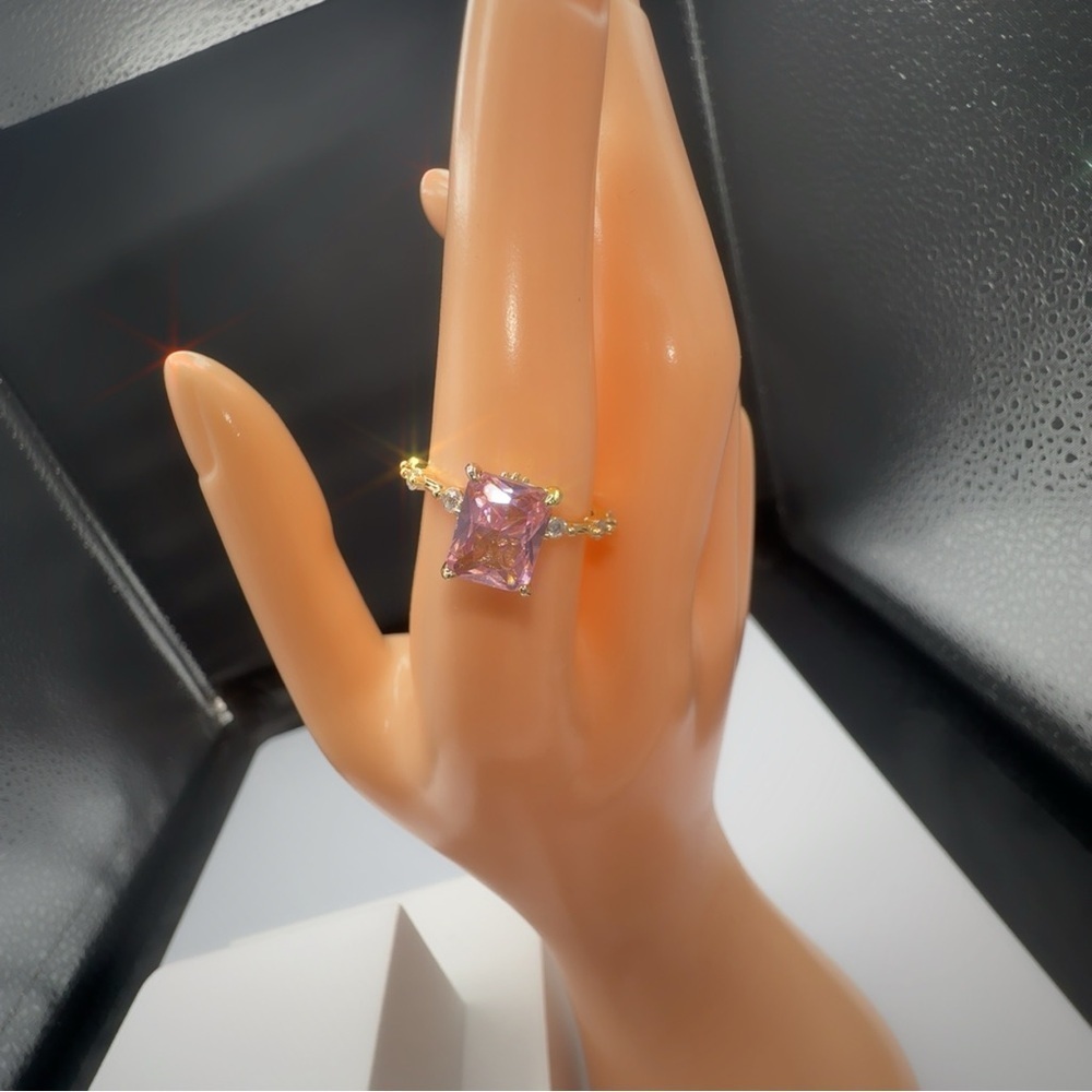 Princess Cut Pink CZ Gold Plated Ring Size 8